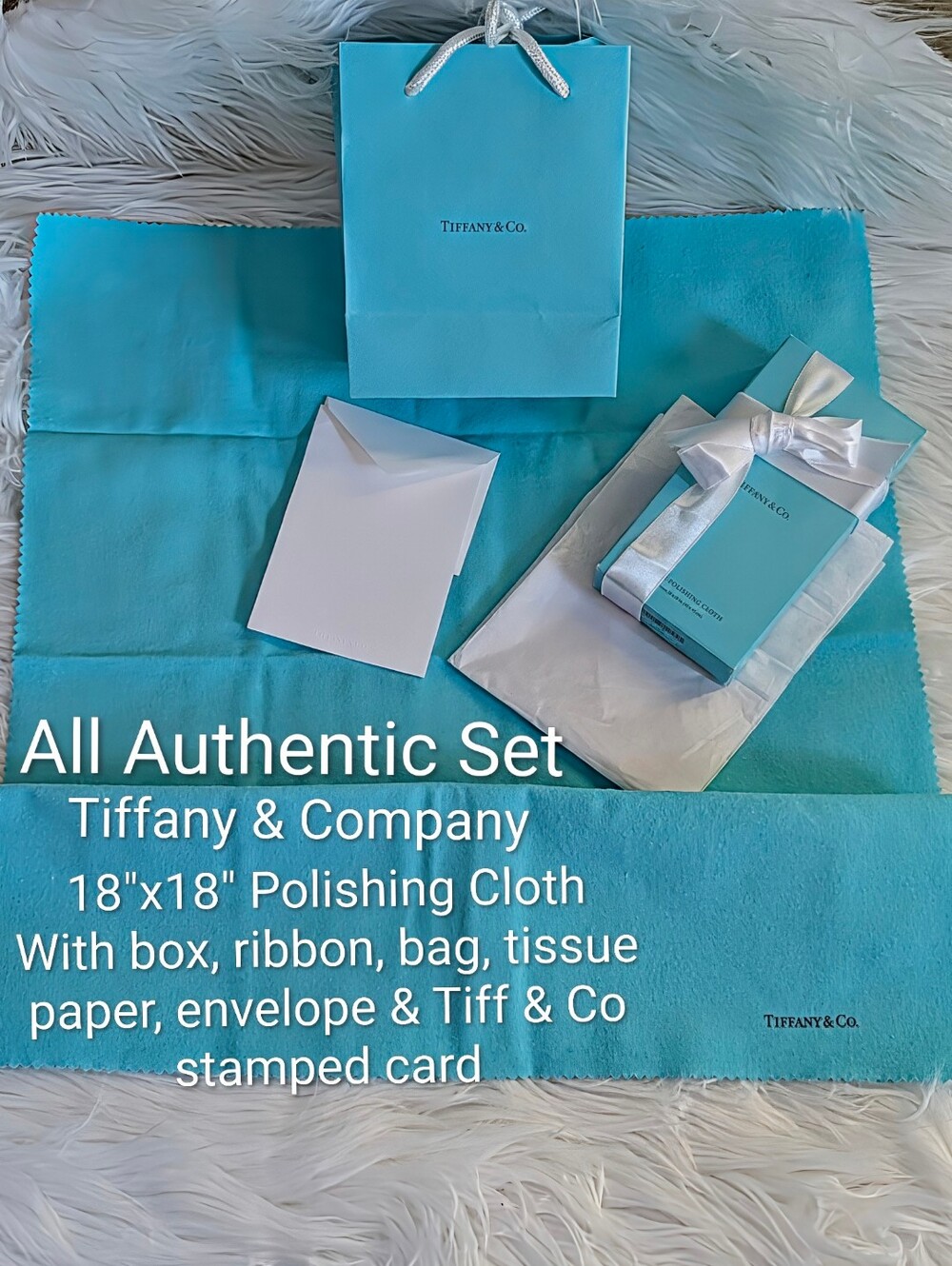 Tiffany & Co 18x18" Polishing Cloth Box Ribbon Bag Tissue Paper T&C Card Env NWT
